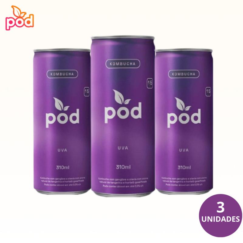 3x Kombucha Sabor Uva Lata 310ml Pod Kombucha - Kombucha